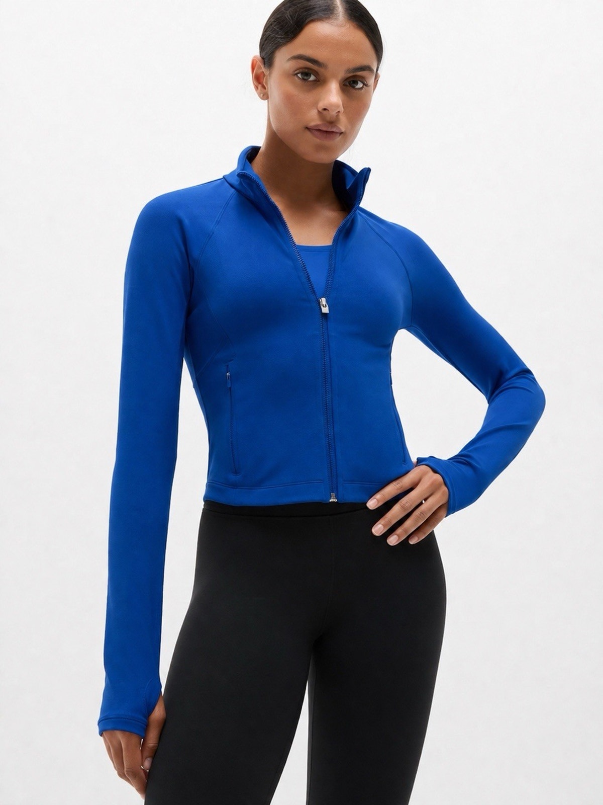 Athleta Women's Blue Cropped Track Jacket Full Zip Pockets Long Sleeve Xxs